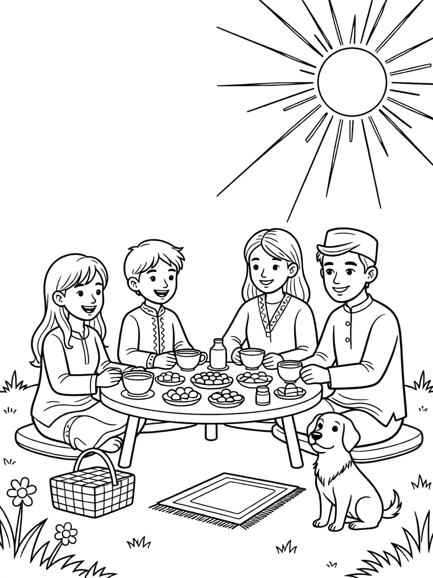A coloring page capturing everyday life in Malaysia: a family gathering to break fast together at a low table, with a loyal pet nearby and a warm sun shining overhead.