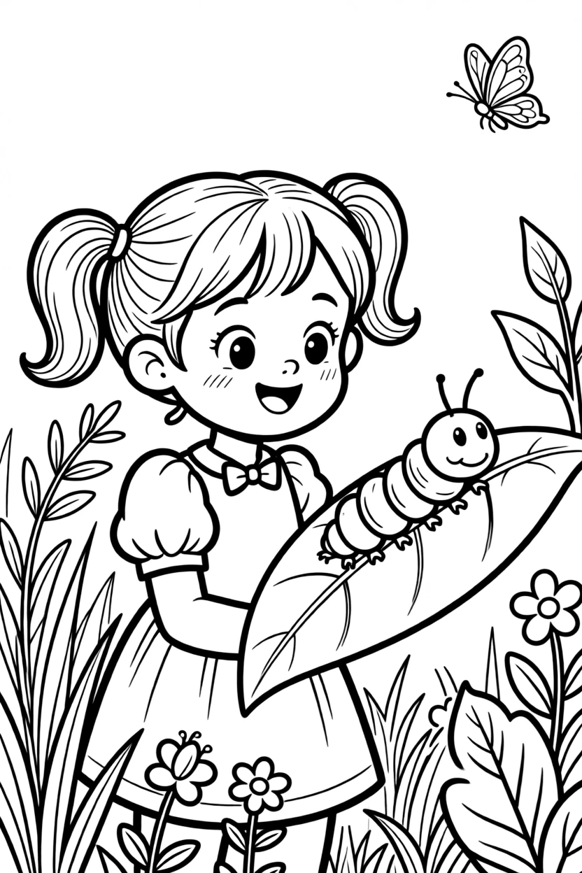 a giggling young girl watches a caterpillar munch a leaf, curious about its journey to becoming a butterfly.