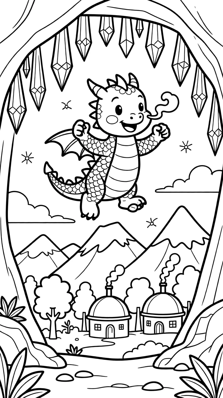 [Dragons] A dynamic scene shows a friendly baby dragon soaring above a mountain range inside a crystal-lined cave, cheering with both fists raised. Close by, a small village with round rooftops sits below. Wisps of smoke curl gently from its nostrils. The moment unfolds on a foggy morning, with fireflies beginning to glow, filled with energetic detail perfect for a young colorist.