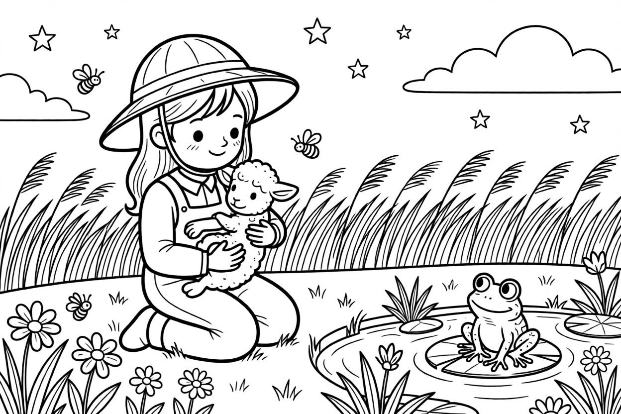 A girl beekeeper in a wide-brimmed veiled hat is cuddling a newborn farm animal in a starlit meadow. a friendly frog perched on a lily pad and a gentle breeze rippling through tall grass bring the scene to life.