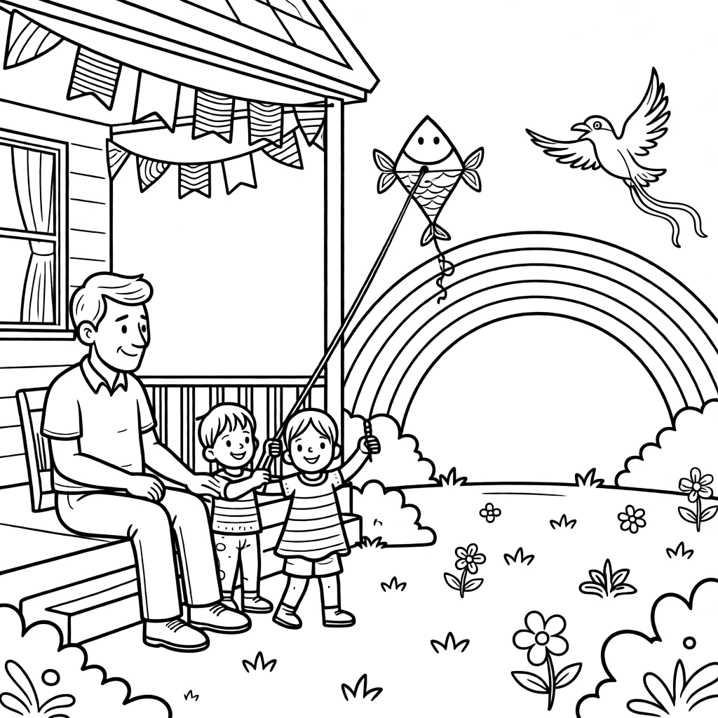 A proud grandfather sitting beside children flying kites shaped like fish on a porch decorated with pastel banners, with a kite shaped like a bird and a rainbow arching over the garden scattered about.