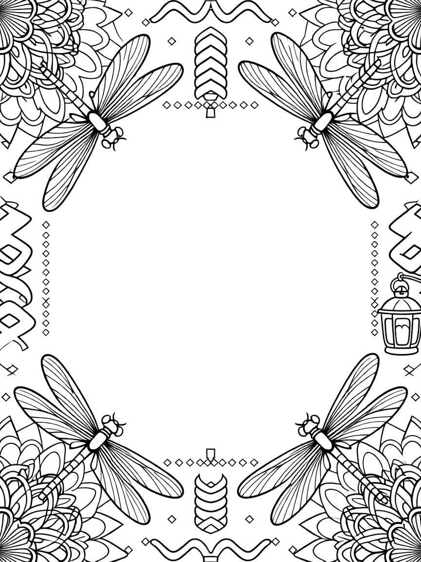 Insects & Bugs: The page centers on a repeating motif of a dragonfly with four long slender wings, built around a layered rosette mandala with overlapping round petals. The motif is arranged evenly around the four edges of the page, forming a continuous decorative frame around a clear center space. Decorative details fill the surrounding space, including ribbons folded into gentle zigzags, rows of arrow-shaped chevrons, and a repeating chain of small diamonds woven throughout the background. A playful extra touch completes the page: a little lantern glowing softly in one corner of the pattern.