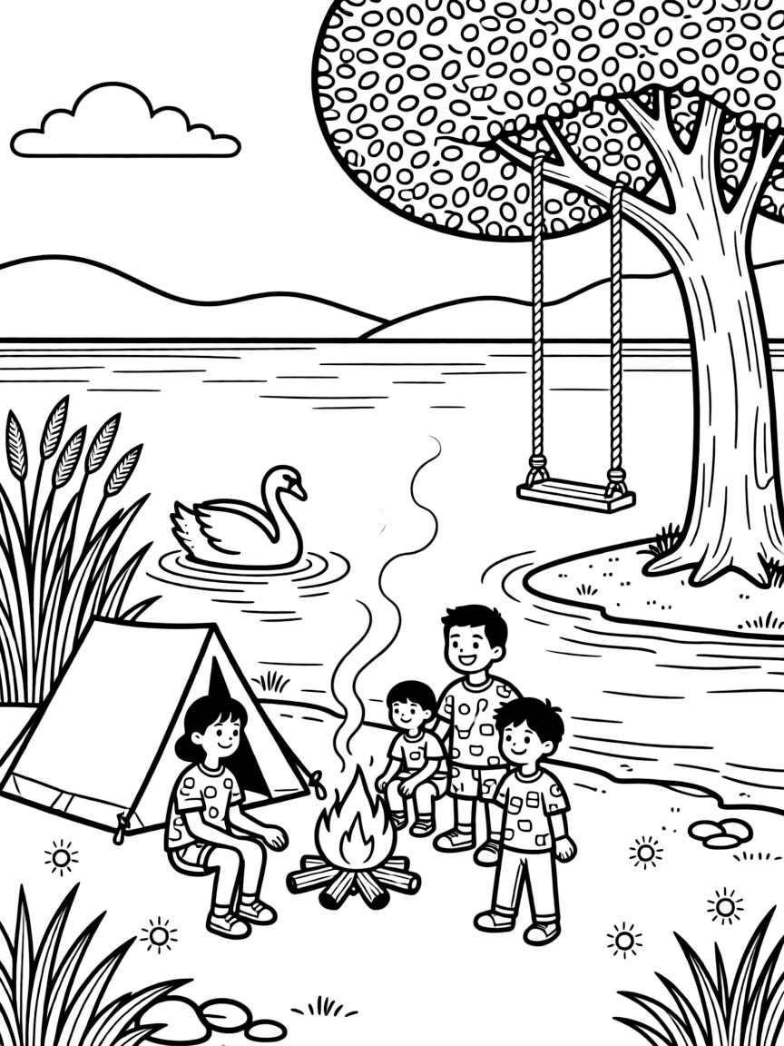 [Lakeside] A family camps beside a lake, their little tent pitched near a crackling campfire. A pair of swans glides gracefully past a cluster of reeds near the shore. A rope swing hangs from a tall tree overlooking a sandy patch of the lakeshore. Soft evening light settles over the water as fireflies begin to twinkle along the shore.