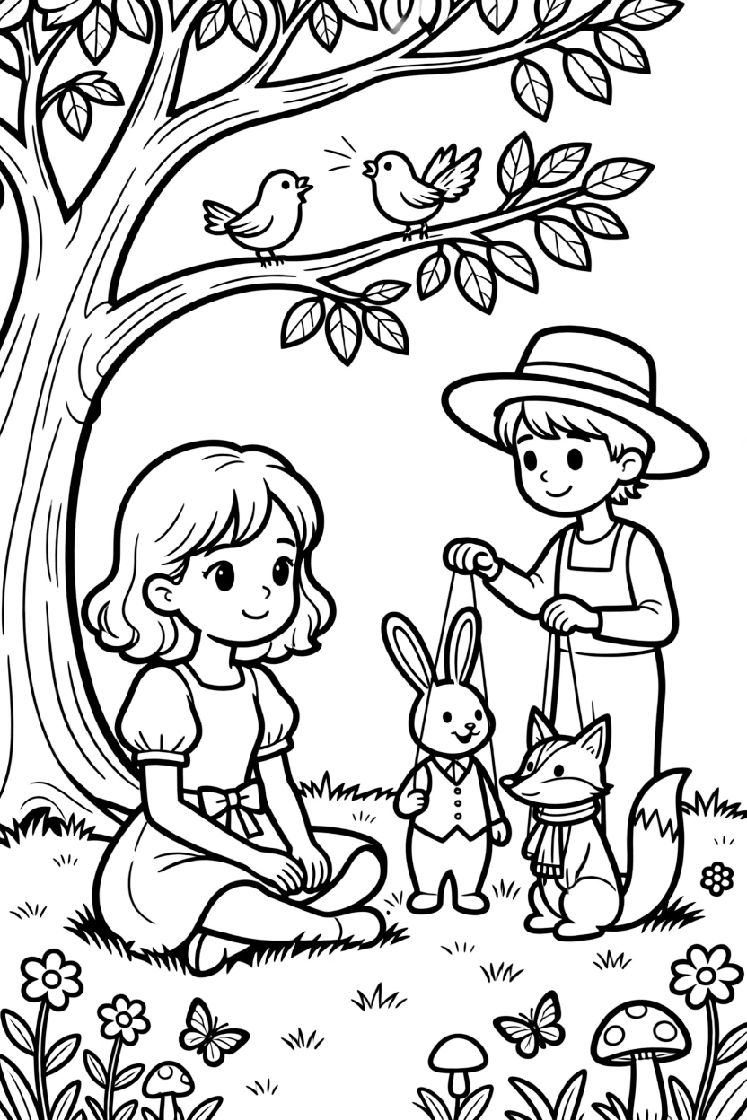 A dreamy-eyed girl watching a puppet show by a puppeteer as birds chirp in a nearby tree.