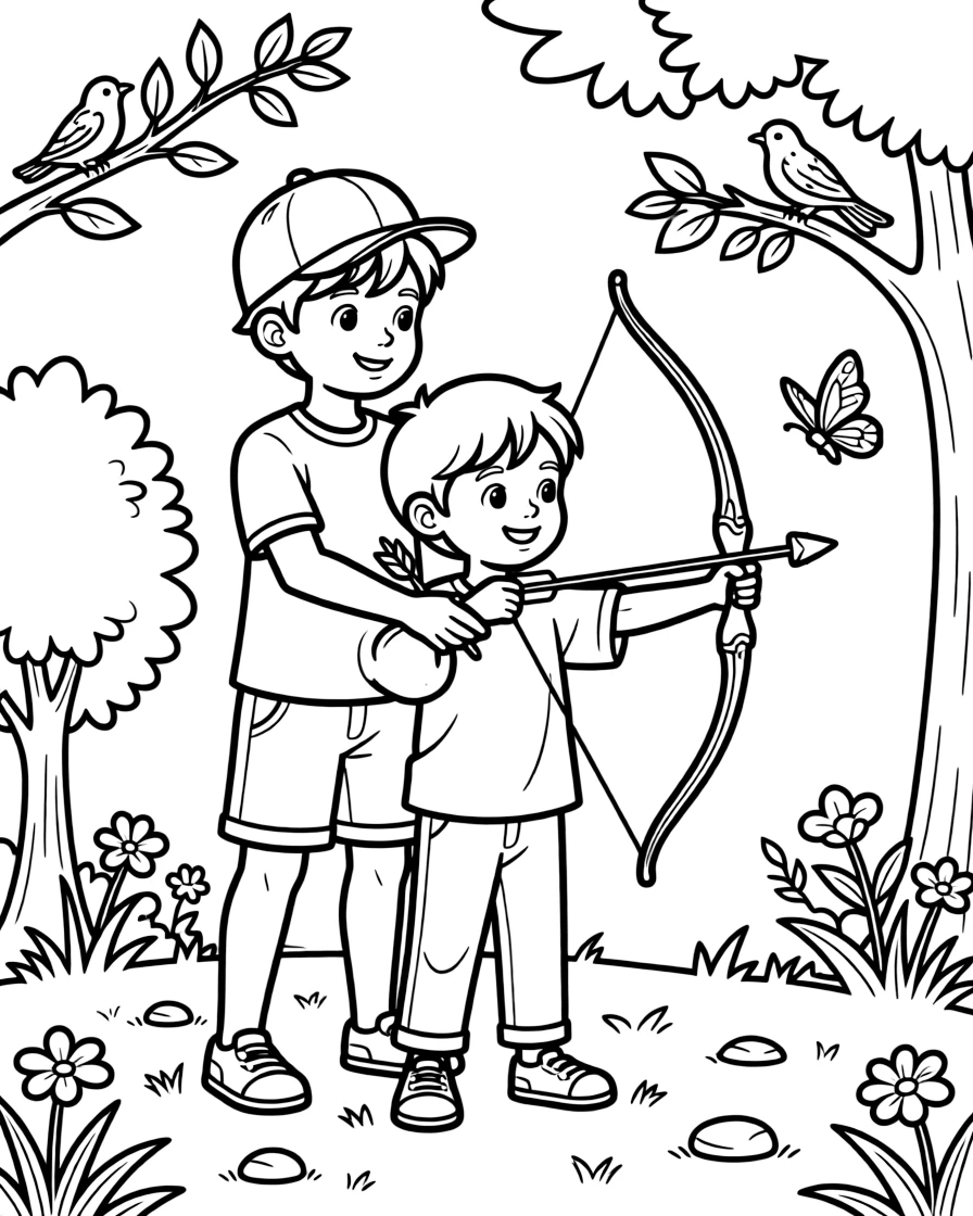 A confident boy wearing a bright cap, helping a younger sibling hold the bow steady for their very first shot.