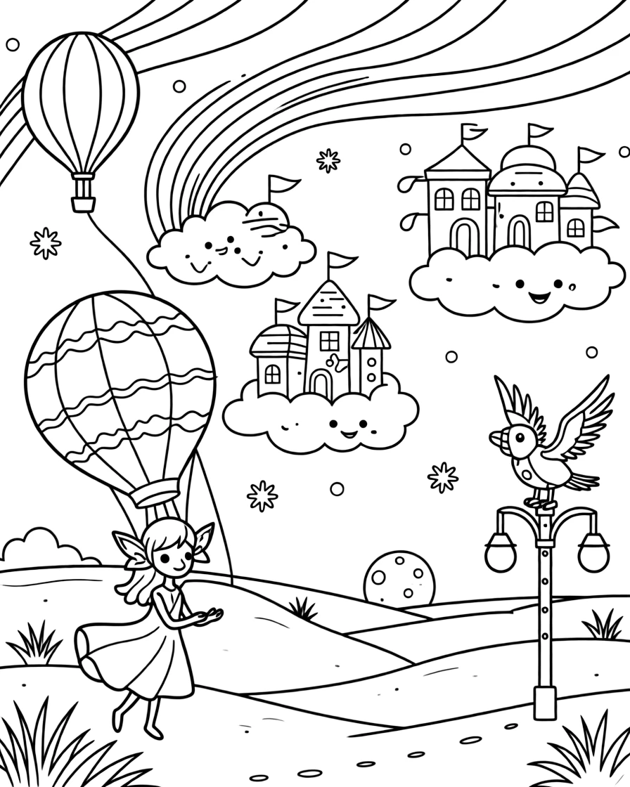 Fizzle, a gentle alien princess with flower-petal ears guiding a hot-air balloon race between floating cloud cities, in a snow-covered tundra planet with auroras dancing overhead, with a pair of moons rising over the horizon and a robotic bird perched on a lamp post nearby.