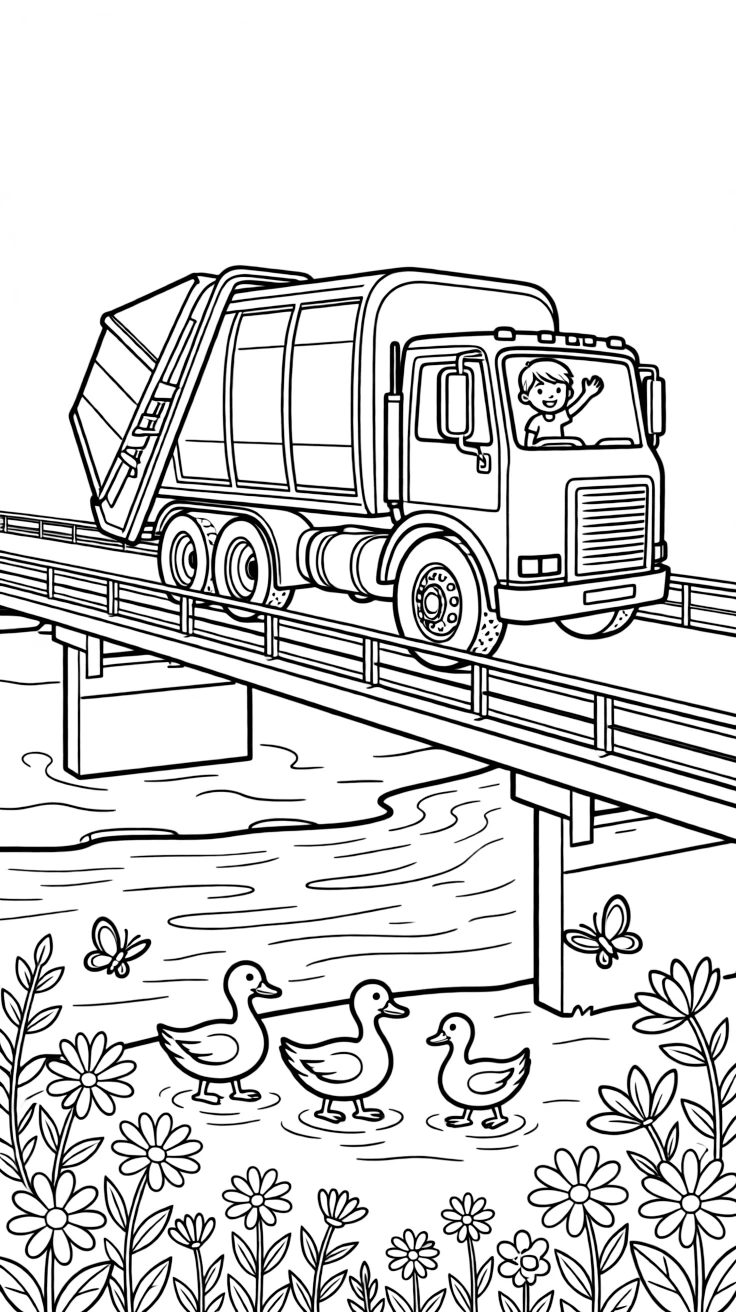 A bright orange recycling truck with sorting bins takes center stage in a long bridge stretching over a sparkling river, where a family of ducks waddling alongside can be seen nearby, surrounded by butterflies fluttering near a patch of wildflowers.