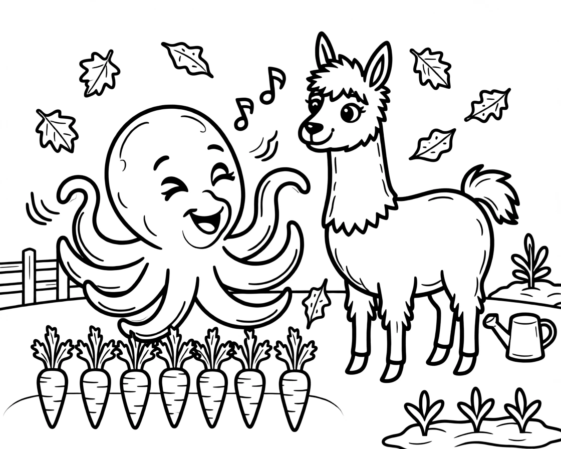 A friendly octopus singing a cheerful tune with a llama in a backyard vegetable garden, near a row of carrots, as autumn leaves swirl in the wind.