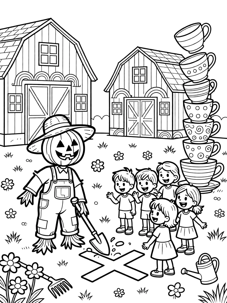 Bright-eyed and full of excitement, a pumpkin-headed scarecrow spends the day digging for buried treasure marked with an X on a farm with rainbow-striped barns. Nearby, a wobbly tower of stacked teacups adds to the fun. The whole gang can't stop smiling.