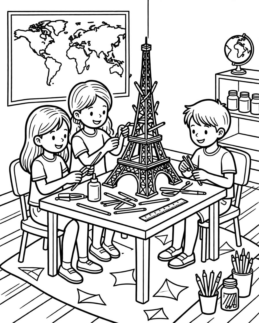 a gentle group of three kids builds a miniature Eiffel Tower out of craft sticks for a geography project.