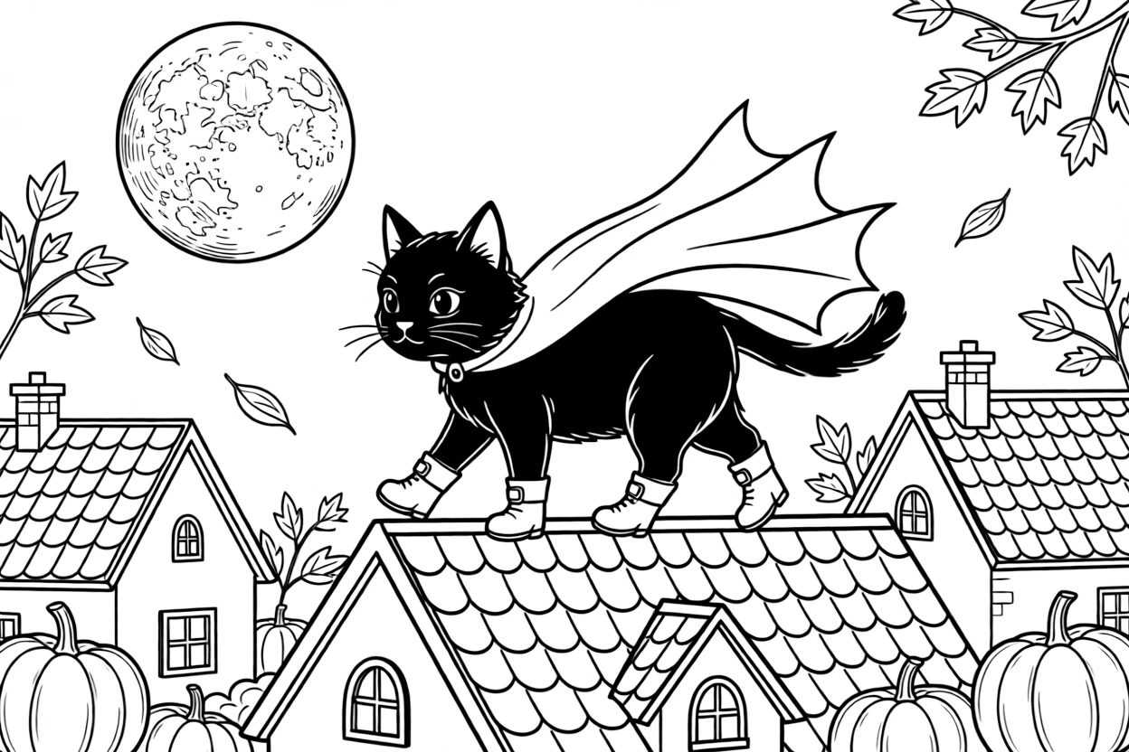 A witch's familiar black cat wears tiny boots and a cape, strutting proudly across the rooftops under a harvest moon.