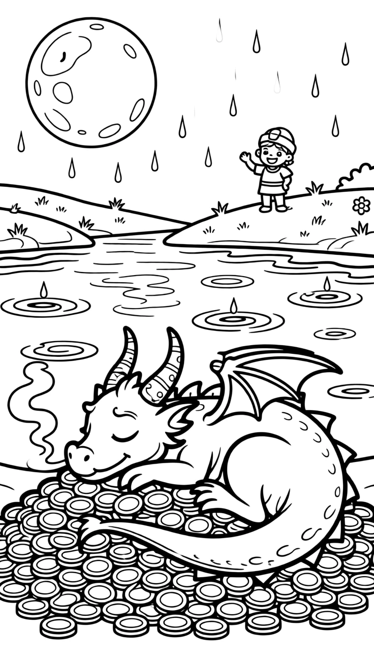 [Dragons] a golden dragon with curled horns napping on a pile of gold coins over a glittering lake. In the background, a knight waves cheerfully from a distant hill, adding extra fun to explore. Wisps of smoke curl gently from its nostrils. It all happens under a full moon, with a light drizzle just ending.