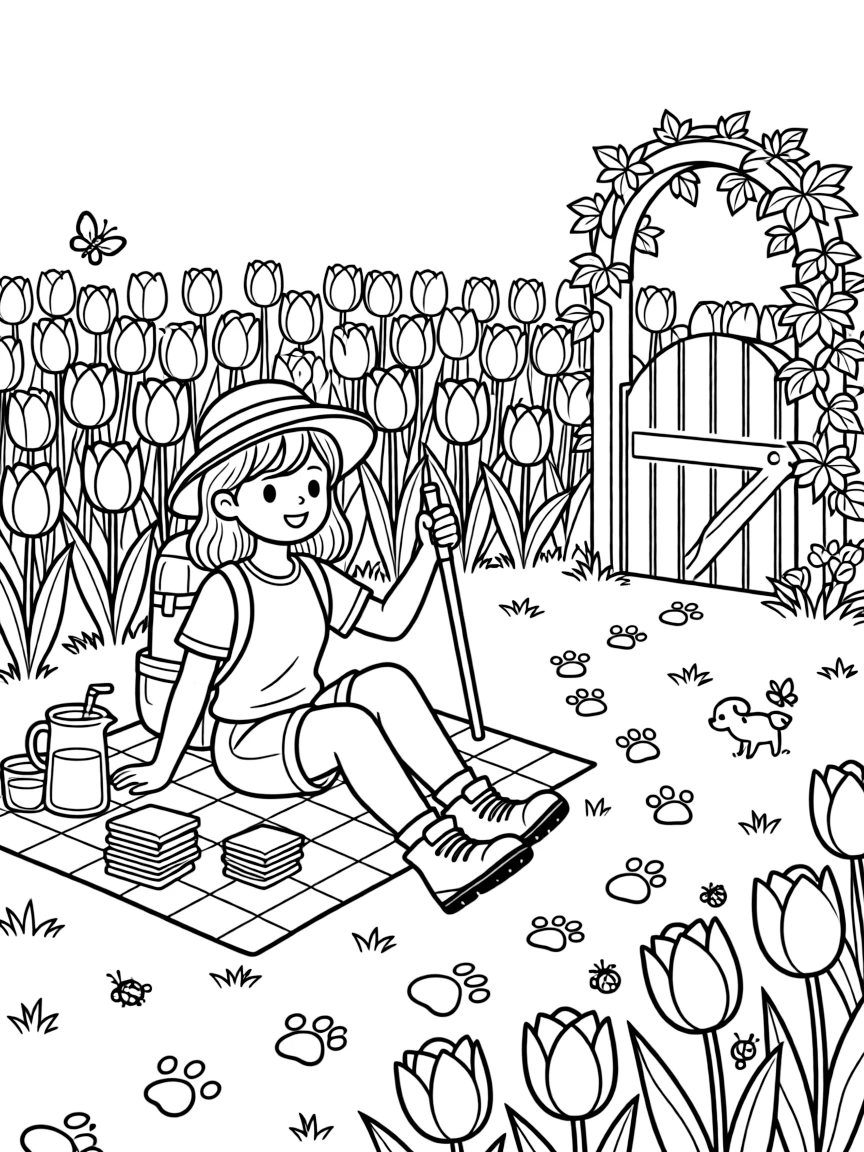 A girl hiker with a walking stick and floppy hat is sharing a picnic of tiny sandwiches and lemonade in a tulip field in full bloom. Scattered nearby, a garden gate covered in climbing ivy and a trail of tiny paw prints leading away fill the page with charm.