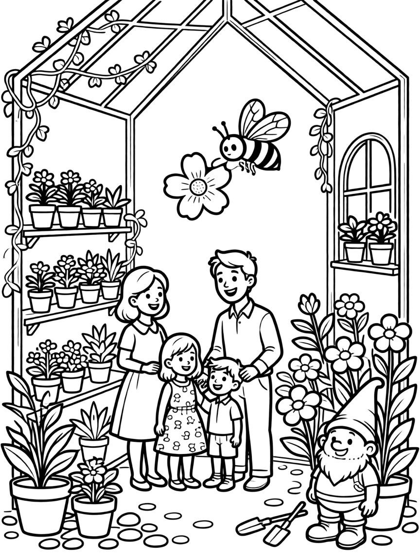 A family gathered for a festive retelling in a greenhouse filled with budding plants, with a bee buzzing near a blossom and a garden gnome peeking from the flowers nearby.
