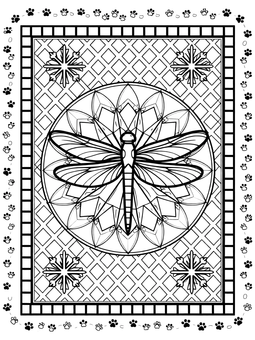 Insects & Bugs: The page presents a small themed scene built around a dragonfly with four long slender wings, tied together by a crystal-facet mandala built from angular repeating shapes. The scene is set within a framed scene where every element on one side is echoed by a twin on the opposite side. Decorative details fill the surrounding space, including six-point snowflake shapes, rows of small square tiles, and a grid of lattice diamonds woven throughout the background. A playful extra touch completes the page: a trail of small paw prints wandering along the outer edge.