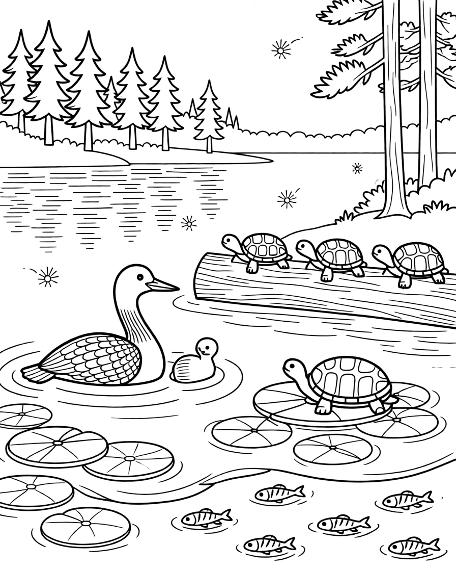 [Lakeside] A loon and her chick float peacefully near a patch of lily pads on a quiet lake. Turtles bask on a half-submerged log while minnows dart through the shallows. Pine trees line the far shore, their reflections rippling across the still water. Soft evening light settles over the water as fireflies begin to twinkle along the shore.