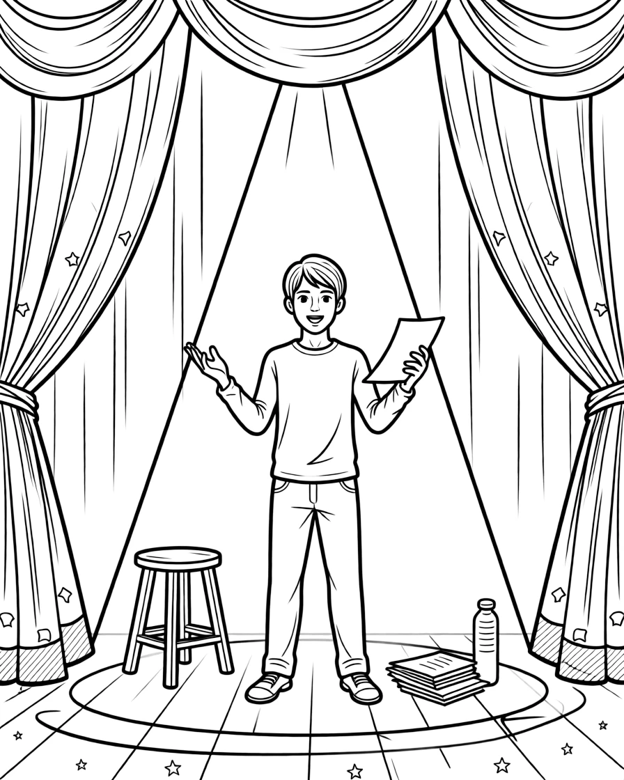 A theater actor rehearses lines on an empty stage surrounded by tall curtains.