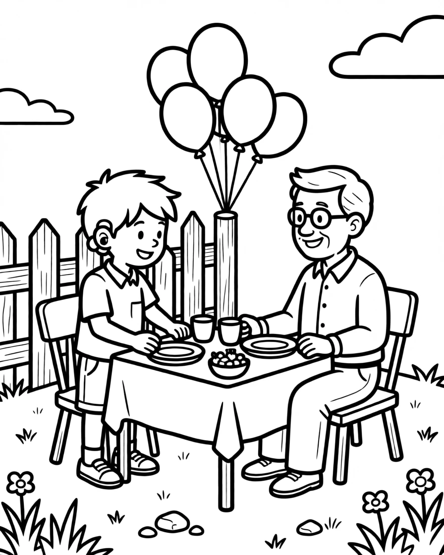 A boy with a hearing aid setting the table for dinner with a grandfather with balloons tied to a fence post.