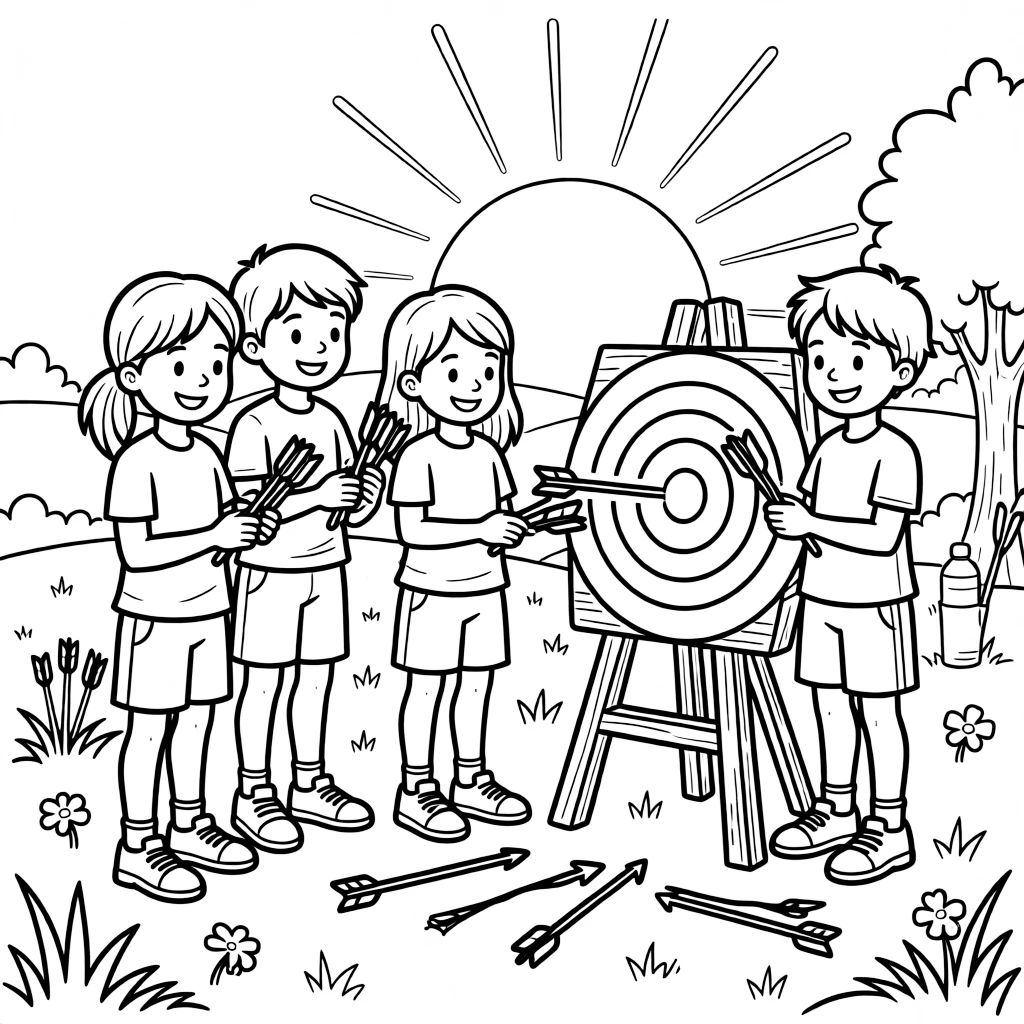 A group of classmates, collecting arrows from the target after a round of practice at sunset.
