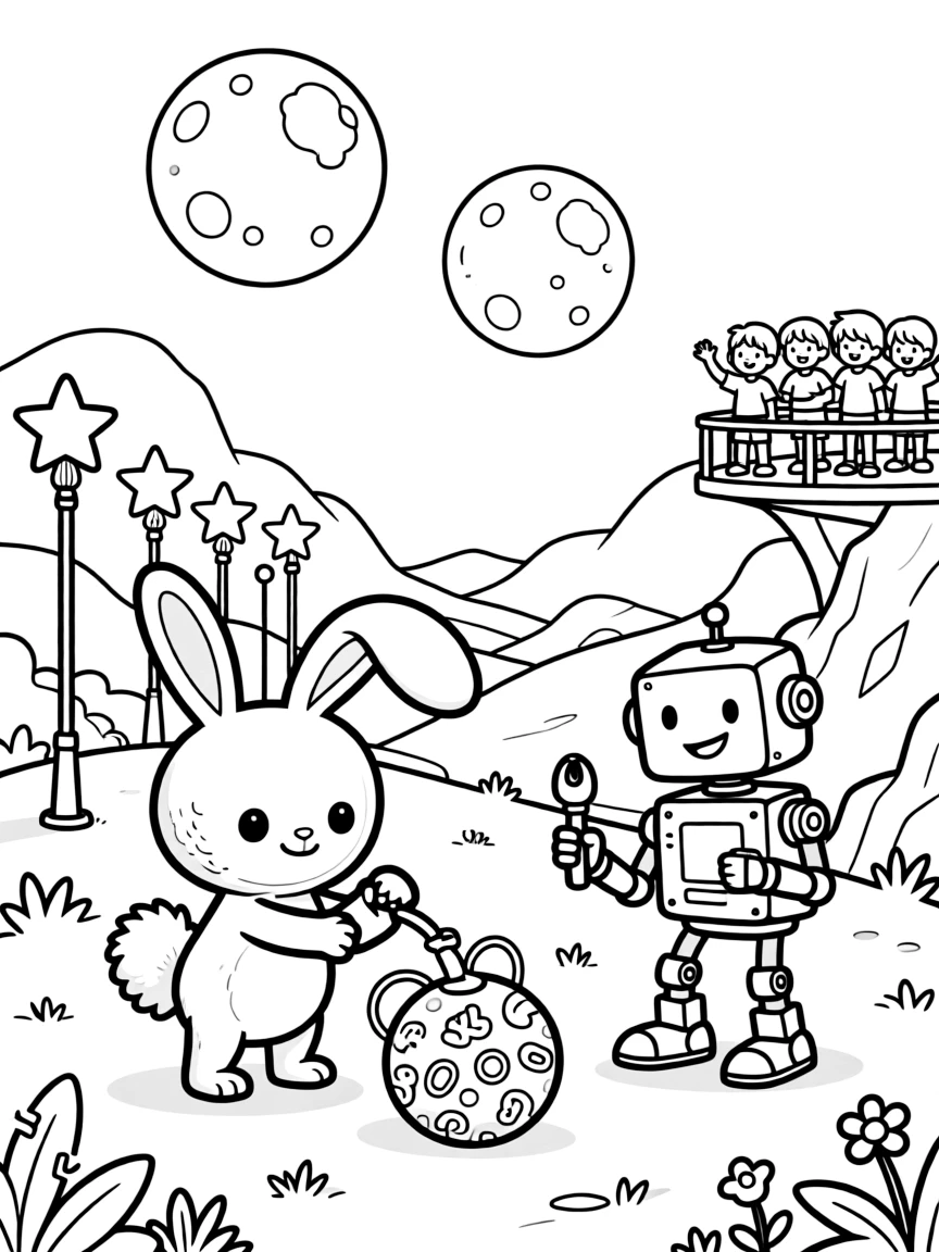 Fuzzby, a bouncy alien creature with rabbit-like ears defusing a giggling prank bomb rigged by a mischievous robot, in a hidden valley on a distant planet ringed by twin moons, with a row of streetlights shaped like glowing stars and a group of kids waving from a nearby observation deck nearby.