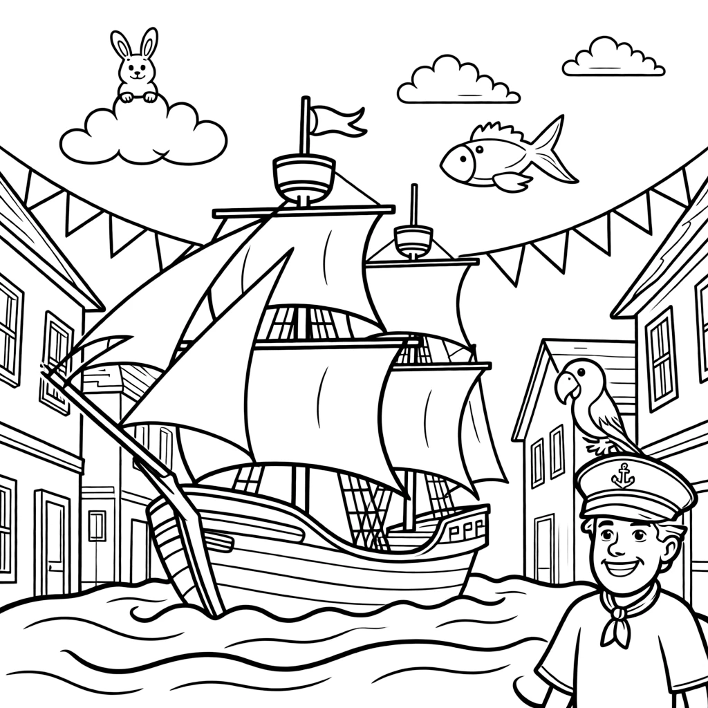 A big, friendly an old sailing clipper ship racing across the waves rolls through a small town main street decorated with fluttering flags, with a parrot perched on the captain's shoulder enjoying the ride and fluffy clouds shaped like animals drifting overhead adding a playful touch.