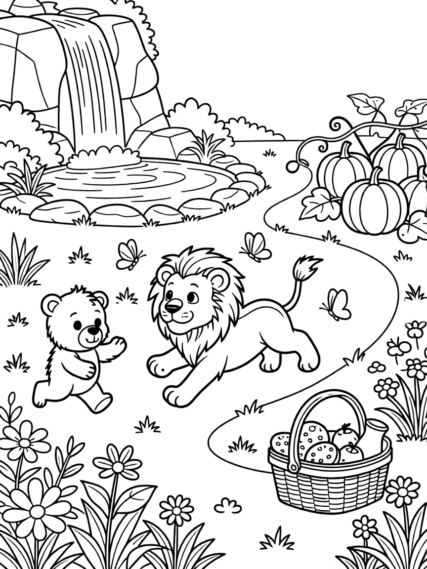 A lion cub near a waterfall, chasing butterflies through the garden with a bear cub, next to a pumpkin patch, with a picnic basket full of treats nearby.