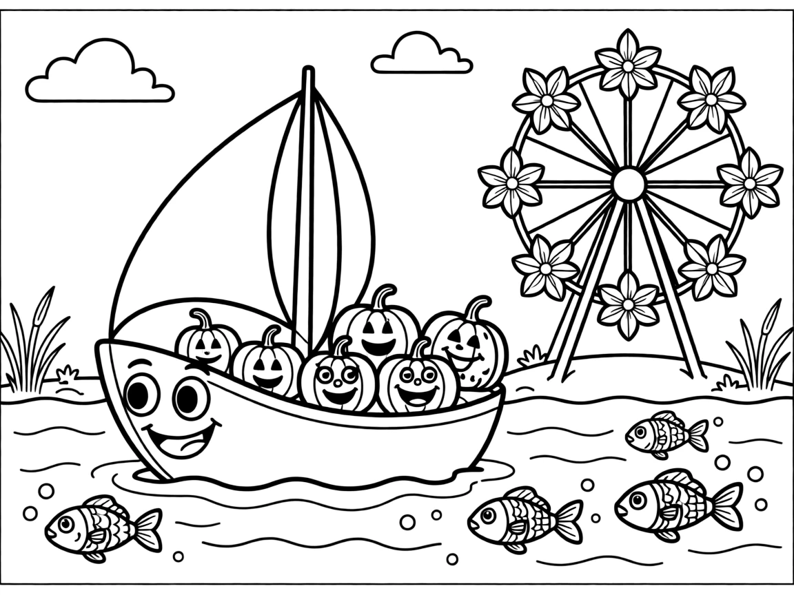 Mischievous and full of excitement, a sailboat with big cartoon eyes spends the day gathering pumpkins for a harvest festival float at a carnival with a Ferris wheel made of flowers. Nearby, a school of rainbow fish swimming past adds to the fun. The whole gang can't stop smiling.