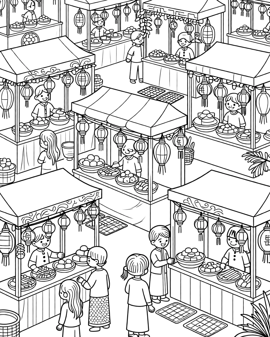A coloring page highlighting a beloved cultural symbol from Malaysia: a lantern-lit night market with rows of food stalls, displayed proudly with small decorative flourishes around it.