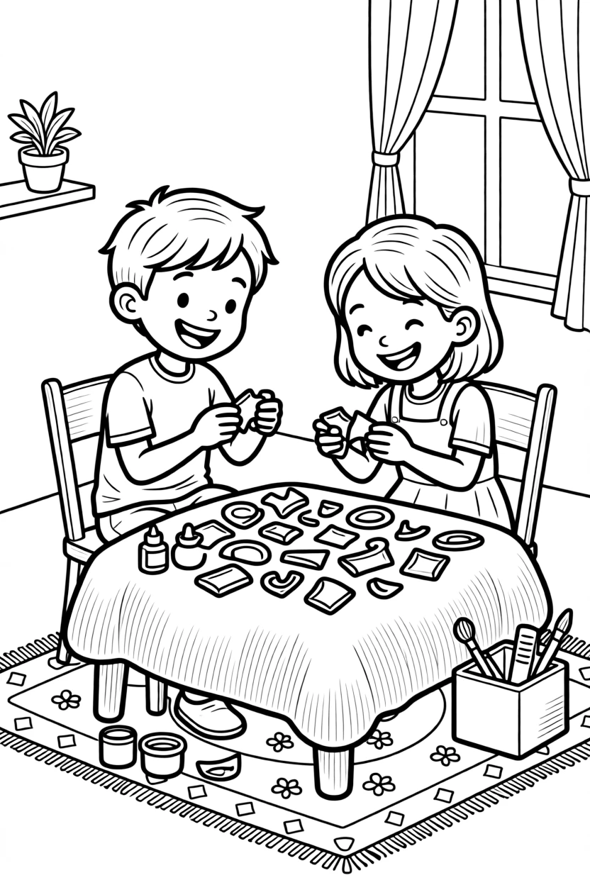 an excited pair of best friends pieces together broken pottery shards on a felt-covered table.
