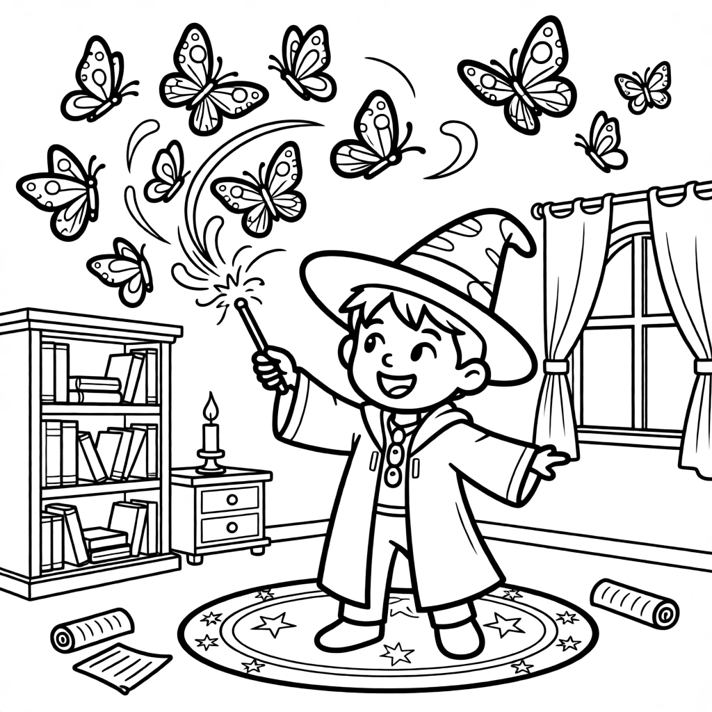 A young wizard summons his first successful spell, a swirl of colorful butterflies bursting from his wand in his bedroom.
