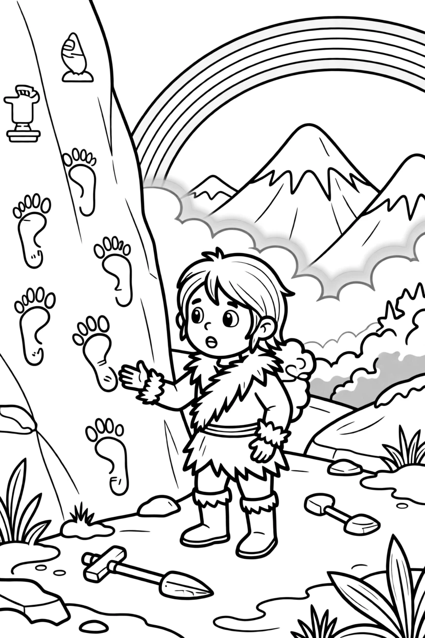 [Prehistoric Worlds] a hunter examining ancient footprints painting on a cave wall near an icy mountain range, wide-eyed with wonder, while simple tools lie scattered nearby fills the surrounding area. Fur wraps provide warmth against the cold. Set on a foggy morning, with a rainbow arching overhead, the page bursts with adventure and imagination.
