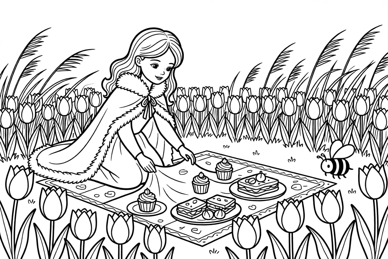 A young snow princess in a fur-trimmed cape is setting out a picnic blanket dotted with treats in a tulip field in full bloom. Close by, a gentle breeze rippling through tall grass and a curious bumblebee buzzing among the blooms give the moment a cozy feel.