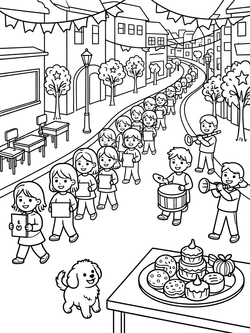 A classroom decorated with handmade thank-you cards in a lively parade winding through a decorated street, with a fluffy puppy playing close by amid a plate of traditional festive treats and musicians playing lively instruments.