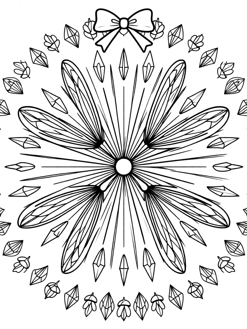 Insects & Bugs: The design turns a dragonfly with four long slender wings into a kaleidoscope-style composition anchored by a sunburst mandala with rays spreading evenly outward. The imagery is arranged in a spinning ring of repeated segments, each one a slightly rotated twin of its neighbor. Decorative details fill the surrounding space, including clusters of tiny acorns, rows of teardrop-shaped petals, and angular crystal facets woven throughout the background. A playful extra touch completes the page: a small ribbon bow tied neatly at the top of the design.