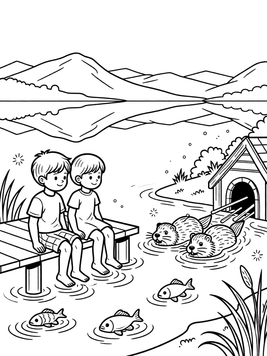 [Lakeside] Two children fish from a small wooden dock, their toes dangling just above the water. A family of beavers swims toward their lodge as fish ripple the water nearby. Mountains rise beyond the far shore, their peaks mirrored perfectly in the calm lake. Soft evening light settles over the water as fireflies begin to twinkle along the shore.