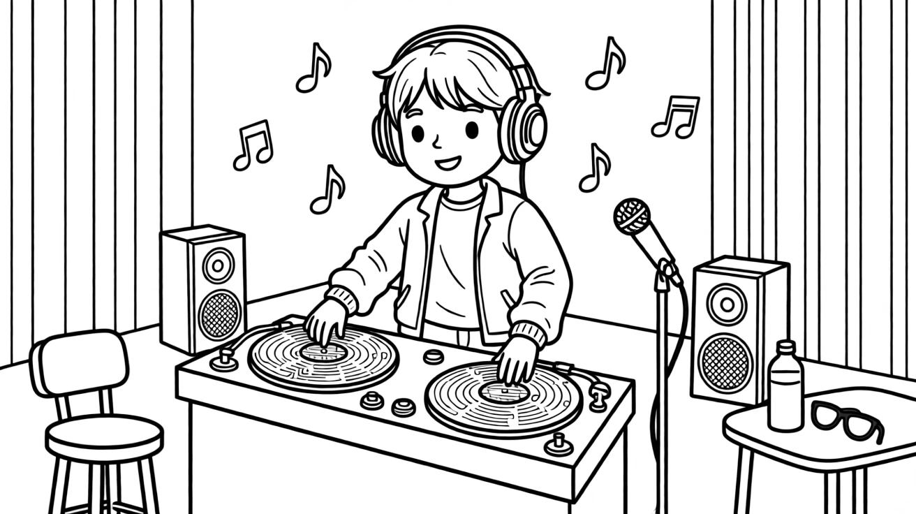 A DJ spins colorful records at a turntable with big headphones on.