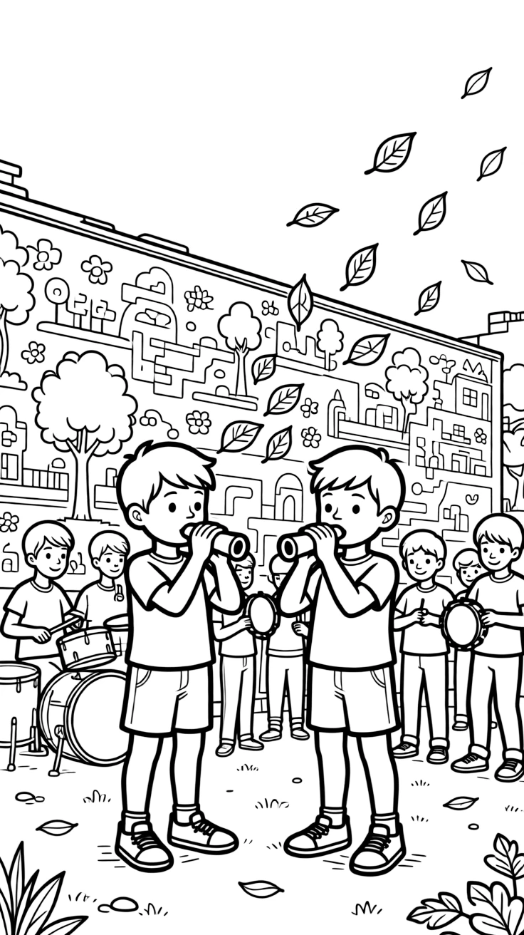 Twin brothers playing a kazoo in a small band at a community mural wall as fallen leaves swirl in the breeze.