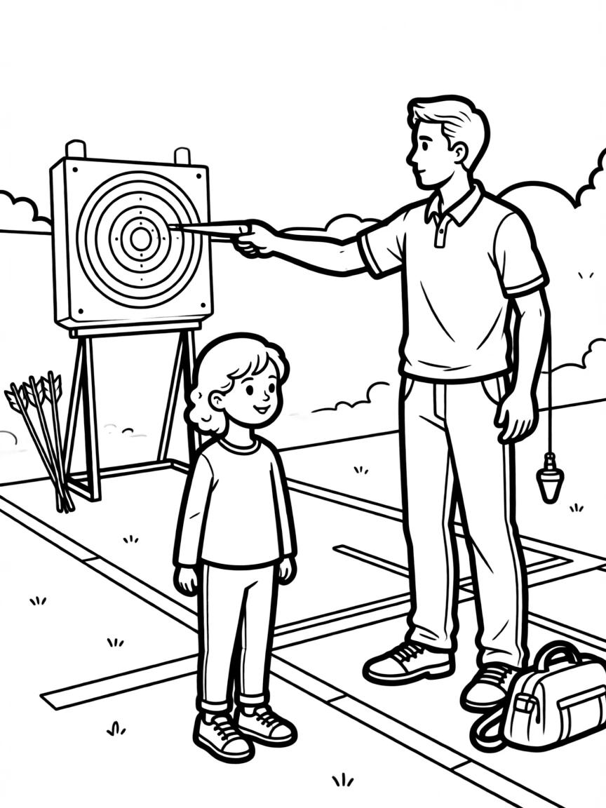 A little girl with curly hair, standing at the shooting line with a coach demonstrating proper form.