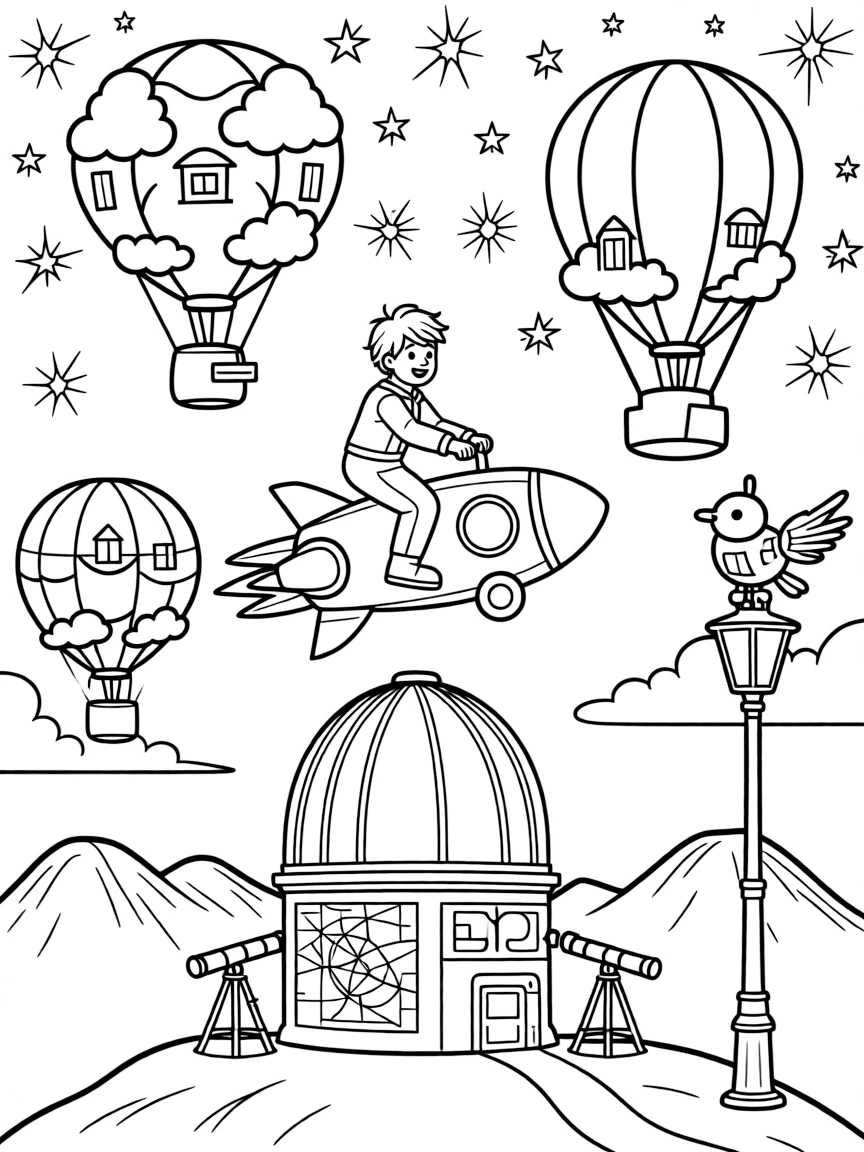 In a quiet observatory perched on a mountaintop under a starry sky, pilot Frost zooming along on a rocket scooter guiding a hot-air balloon race between floating cloud cities, while a robotic bird perched on a lamp post adds to the excitement.