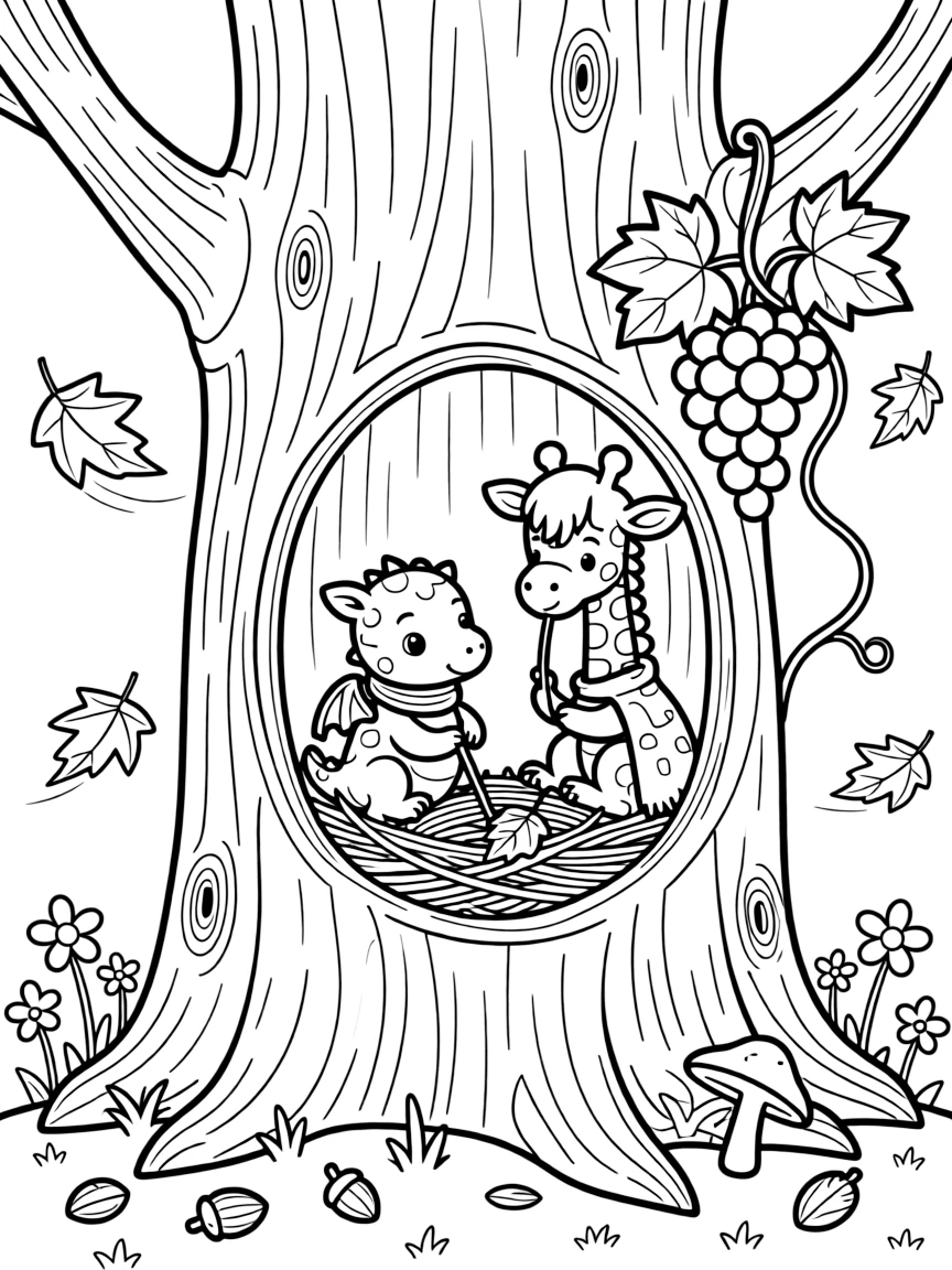 A baby dragon inside a hollow tree trunk, building a tiny nest together with a giraffe, next to a vine of grapes, as autumn leaves swirl in the wind.