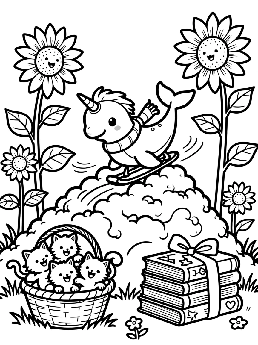 In a meadow bursting with giant sunflowers, a wiggly baby narwhal is busy sledding down a mountain made of marshmallows, cheered on by a basket of kittens tumbling over each other and a stack of picture books tied with ribbon. Warm smiles and happy cheers fill the scene.