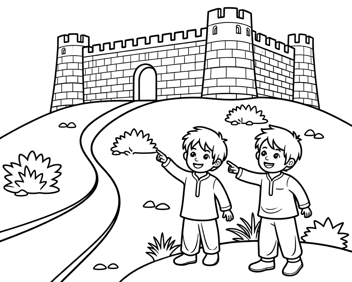 A coloring page set in Pakistan, showing a fort with tall sandstone walls overlooking a busy city, with a winding path leading toward it and a couple of curious children pointing excitedly.