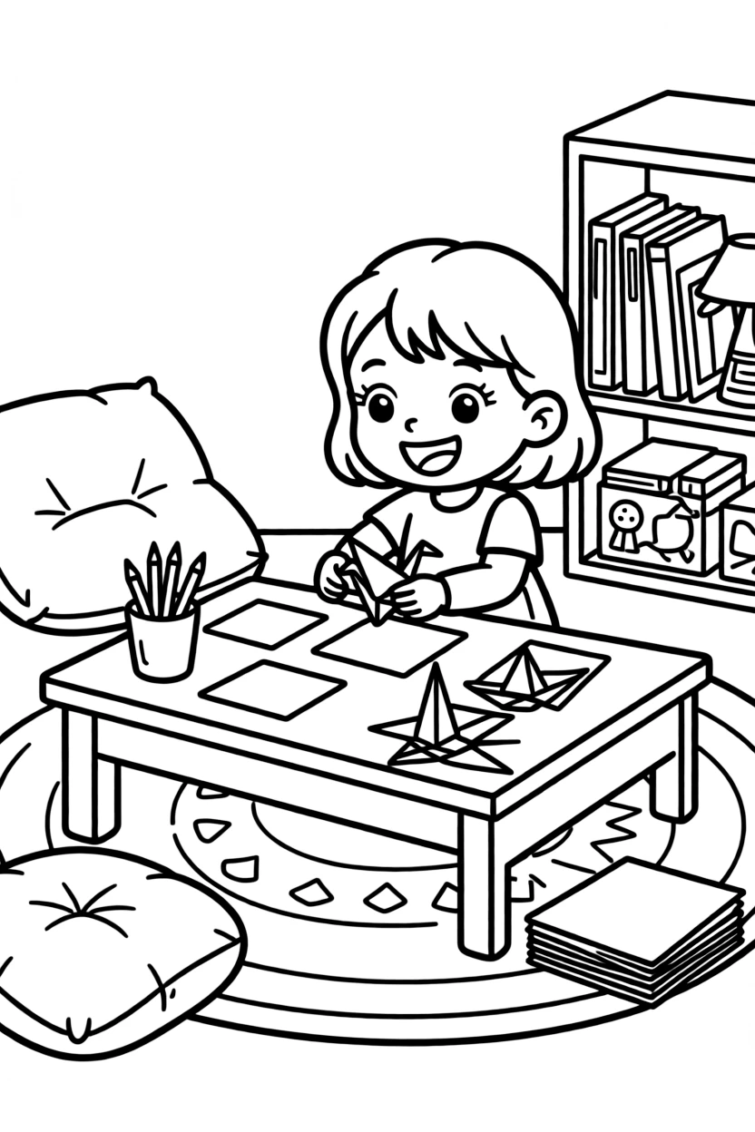 a giggling little girl folds a paper crane during an origami lesson at a low table.