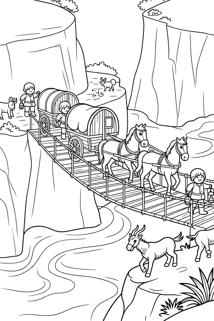 A dwarf caravan crosses a rope bridge over a misty canyon, lanterns swaying and mountain goats trotting alongside the wagons.