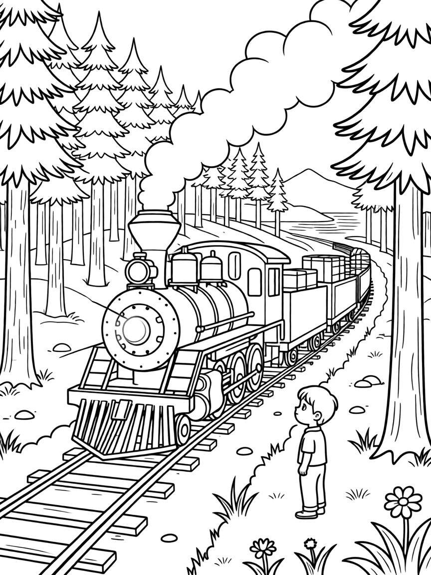 [Trains] a classic steam locomotive chugging along a mountain track through a dense pine forest, gasping in amazement, while cargo cars are stacked with crates and barrels fills the surrounding area. A bright headlamp glows at the front. Set in the late afternoon, with heat waves shimmering in the distance, the page bursts with adventure and imagination.