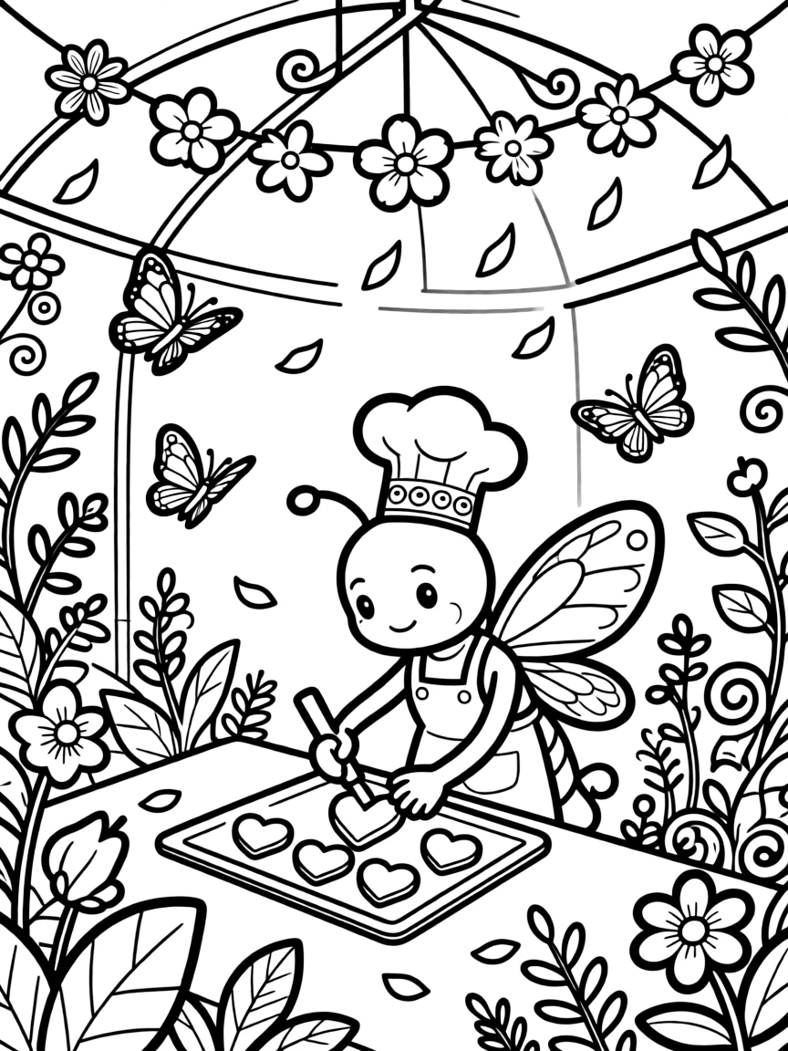 A glowing firefly is baking a batch of heart-shaped cookies in a butterfly conservatory full of fluttering wings. All around, a garland of paper flowers strung overhead and scattered flower petals drifting in the breeze round out the happy picture.