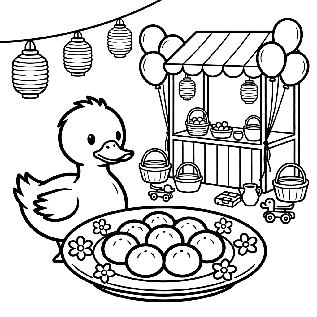 A waddling duckling sitting beside a plate of sweet dumplings offered with flowers at an open-air night market lit with glowing lanterns, with balloons tied to a festive booth and a display of handmade crafts scattered about.