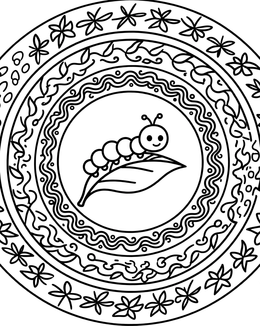 Insects & Bugs: The main subject is a caterpillar inching along a curled leaf, drawn as the focal point of a set of perfectly matched concentric rings. It is positioned in the middle of the page so the design radiates outward evenly in every direction. Decorative details fill the surrounding space, including swirling vine tendrils, rows of curling wave shapes, and pinwheel blades spinning in place woven throughout the background. A playful extra touch completes the page: a few tiny footprints trailing off toward one edge of the page.
