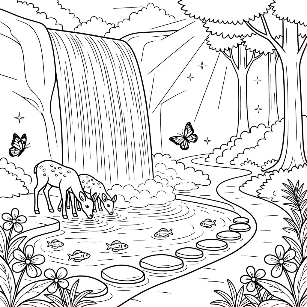 [Waterfalls] A family of deer drinks from the misty pool at the base of a tall forest waterfall. Butterflies drift through the mist while fish dart through the clear pool below the falls. Smooth stepping stones cross the pool below, leading toward a path lined with tropical flowers. Sunlight breaks through the canopy, sparkling on the mist rising from the crashing water.