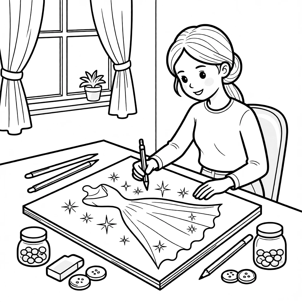 A fashion illustrator sketches a sparkly dress design on a large paper pad.